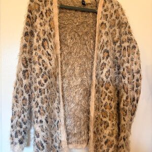 H&M Fuzzy Leopard-Print Open Cardigan in Beige and Brown